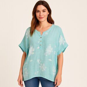 Tina Stephens Aqua Linen Embroidered Floral Tunic Top Made in Italy XL (OS)